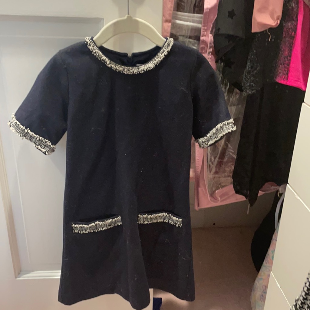Tweed Trim Girls Navy Dress